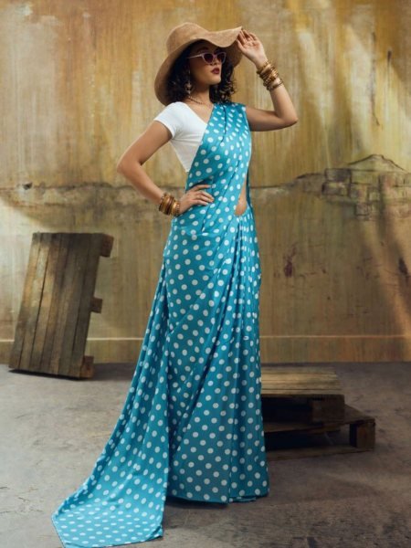 Authentic Sky Blue Stylish Satin Saree with All Over Dot Design Sarees 