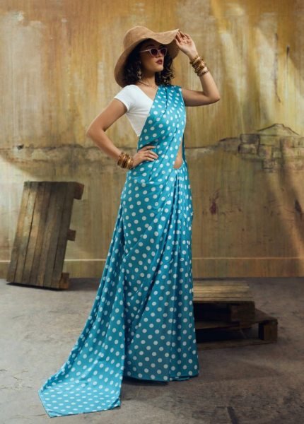 Authentic Sky Blue Stylish Satin Saree with All Over Dot Design Bollywood Fancy Sarees Wholesale