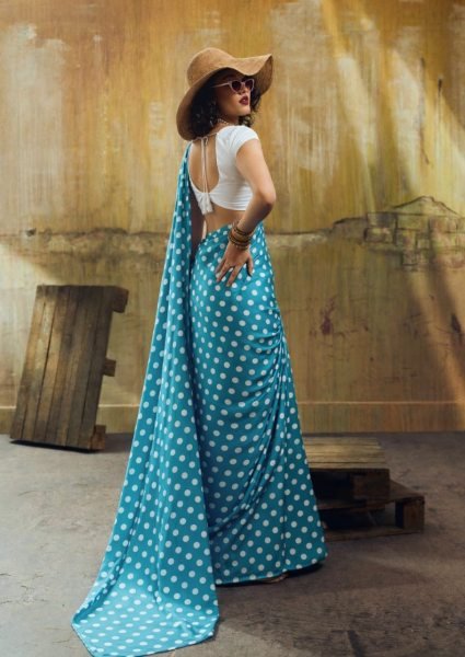 Authentic Sky Blue Stylish Satin Saree with All Over Dot Design Bollywood Fancy Sarees Wholesale