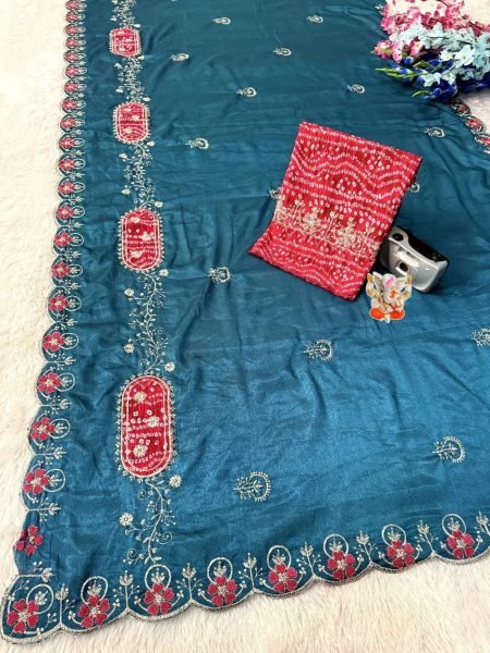 Authentic Teal Blue Chinon Saree with Heart Shape Floral Border and Designer Pallu 