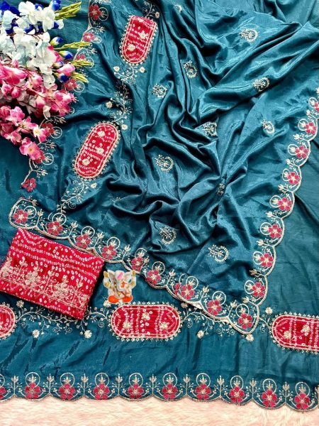 Authentic Teal Blue Chinon Saree with Heart Shape Floral Border and Designer Pallu Embroidery Sarees Wholesale
