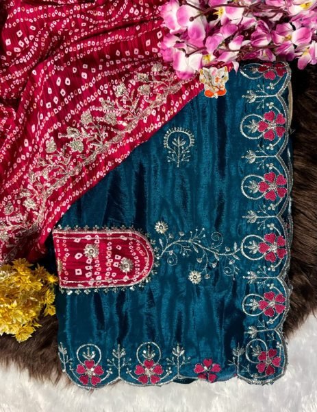 Authentic Teal Blue Chinon Saree with Heart Shape Floral Border and Designer Pallu Embroidery Sarees Wholesale
