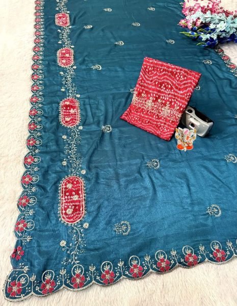 Authentic Teal Blue Chinon Saree with Heart Shape Floral Border and Designer Pallu Embroidery Sarees Wholesale