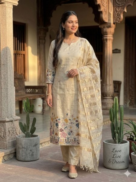 Authentic White Chanderi Banarasi Suit with Phulkari Embroidery for Festive Wear