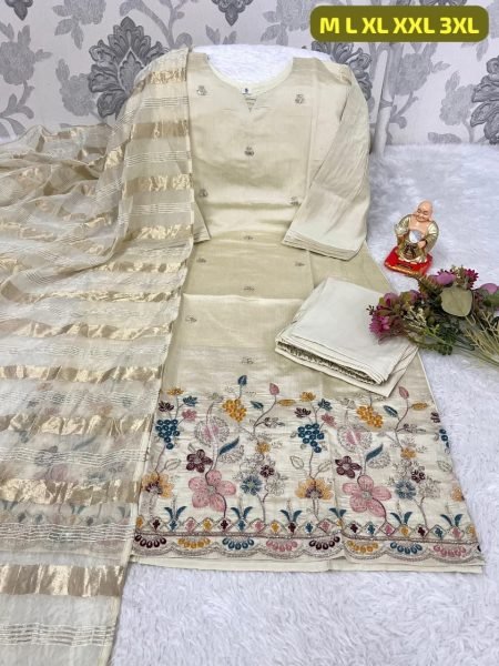 Authentic White Chanderi Banarasi Suit with Phulkari Embroidery for Festive Wear Embroidery Kurtis 