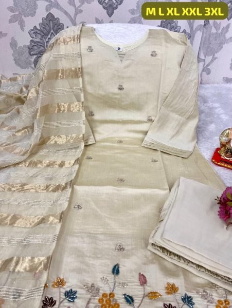 Authentic White Chanderi Banarasi Suit with Phulkari Embroidery for Festive Wear Embroidery Kurtis 