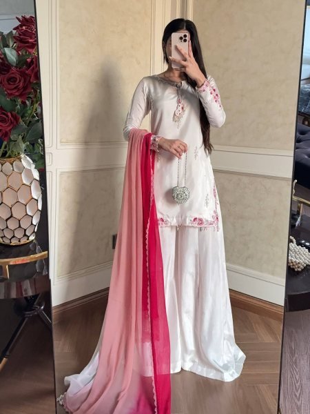 Authentic White Crepe Silk Palazzo Set With Shaded Chiffon Dupatta For Women Party Wear Set Ready To Wear Suit