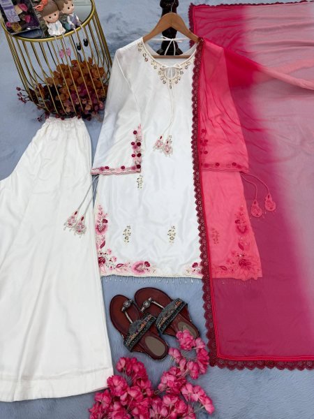 Authentic White Crepe Silk Palazzo Set With Shaded Chiffon Dupatta For Women Party Wear Set Ready To Wear Collection
