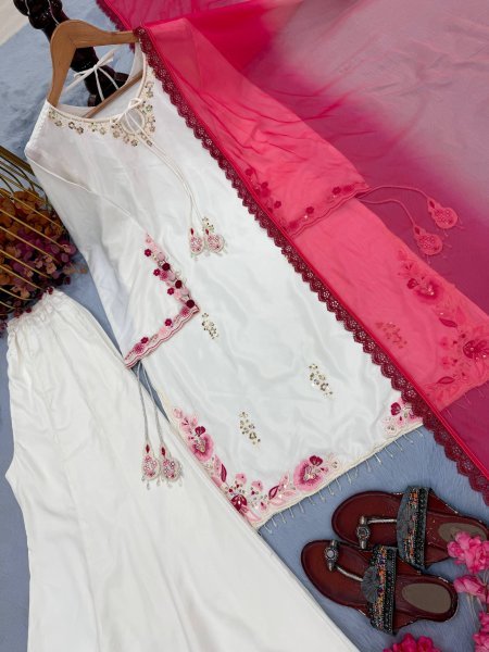 Authentic White Crepe Silk Palazzo Set With Shaded Chiffon Dupatta For Women Party Wear Set Ready To Wear Collection