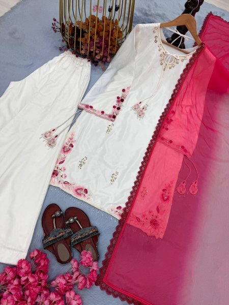 Authentic White Crepe Silk Palazzo Set With Shaded Chiffon Dupatta For Women Party Wear Set Ready To Wear Collection