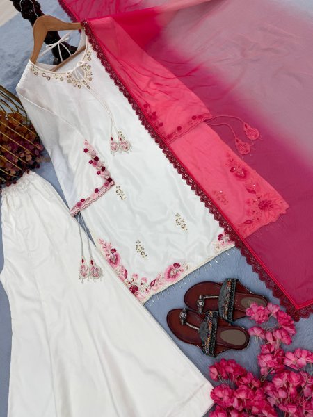 Authentic White Crepe Silk Palazzo Set With Shaded Chiffon Dupatta For Women Party Wear Set Ready To Wear Collection