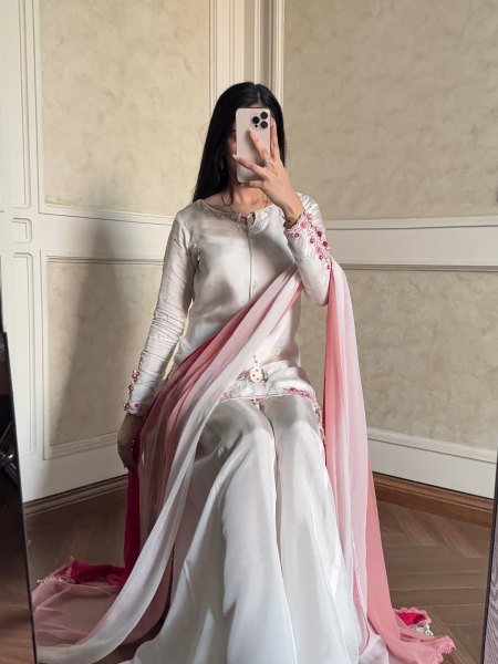 Authentic White Crepe Silk Palazzo Set With Shaded Chiffon Dupatta For Women Party Wear Set Ready To Wear Collection