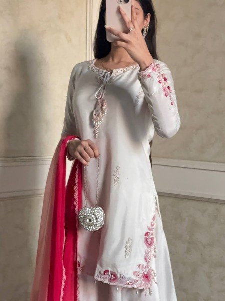Authentic White Crepe Silk Palazzo Set With Shaded Chiffon Dupatta For Women Party Wear Set Ready To Wear Collection