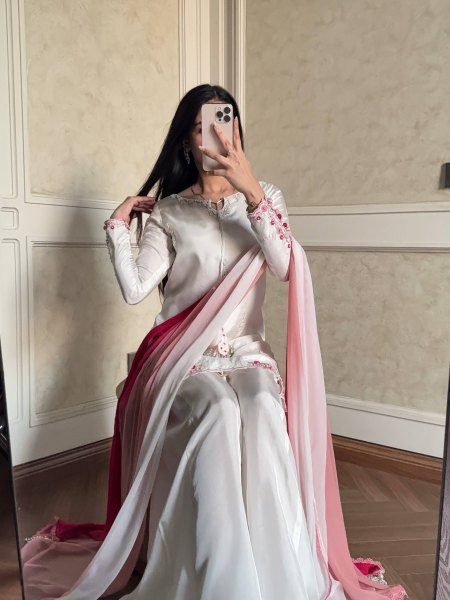 Authentic White Crepe Silk Palazzo Set With Shaded Chiffon Dupatta For Women Party Wear Set Ready To Wear Collection