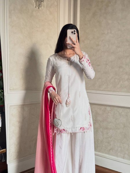 Authentic White Crepe Silk Palazzo Set With Shaded Chiffon Dupatta For Women Party Wear Set Ready To Wear Collection