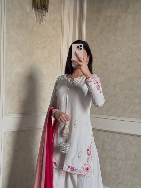 Authentic White Crepe Silk Palazzo Set With Shaded Chiffon Dupatta For Women Party Wear Set Ready To Wear Collection