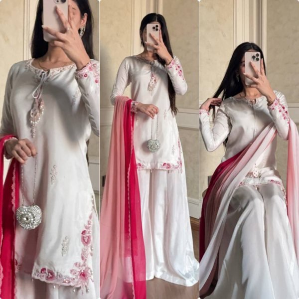 Authentic White Crepe Silk Palazzo Set With Shaded Chiffon Dupatta For Women Party Wear Set Ready To Wear Collection