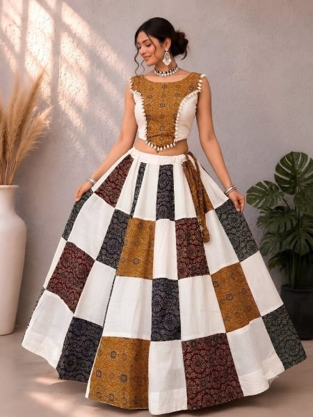 Authentic White Designer Ajrakh Patchwork Lehenga Choli in Khadi and Slub Cotton 