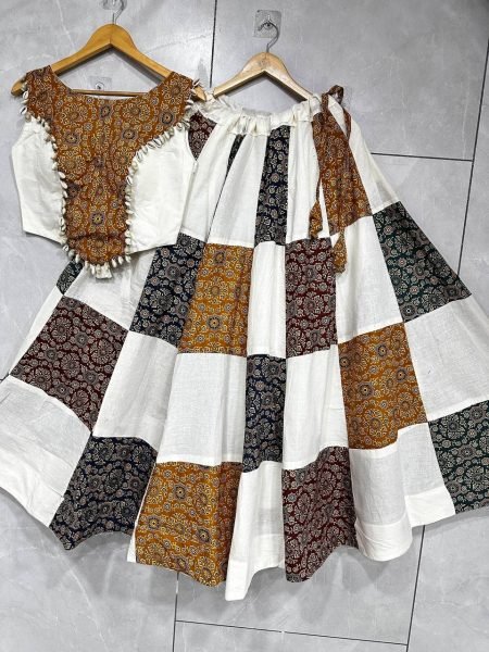 Authentic White Designer Ajrakh Patchwork Lehenga Choli in Khadi and Slub Cotton Navratri Lehnega Choli