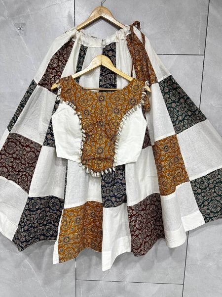 Authentic White Designer Ajrakh Patchwork Lehenga Choli in Khadi and Slub Cotton Navratri Lehnega Choli
