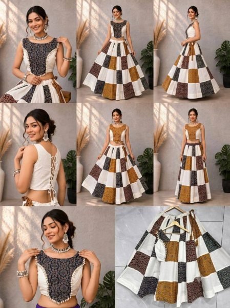 Authentic White Designer Ajrakh Patchwork Lehenga Choli in Khadi and Slub Cotton Navratri Lehnega Choli