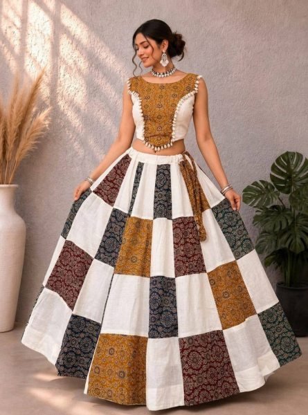 Authentic White Designer Ajrakh Patchwork Lehenga Choli in Khadi and Slub Cotton Navratri Lehnega Choli