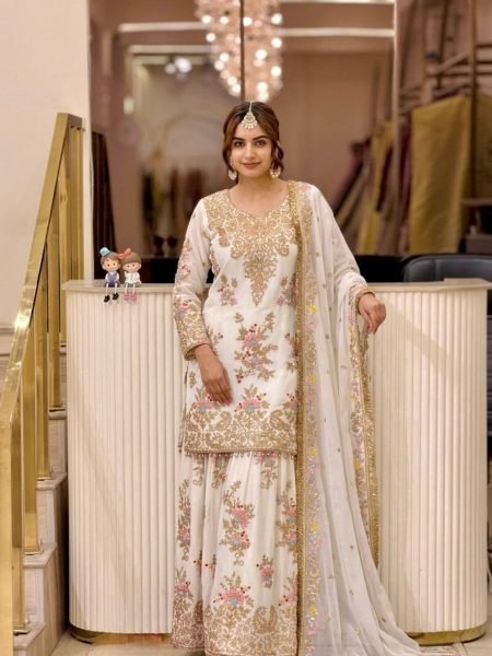 Authentic White Party Wear Faux Georgette Top Palazzo Dupatta Set for Women 