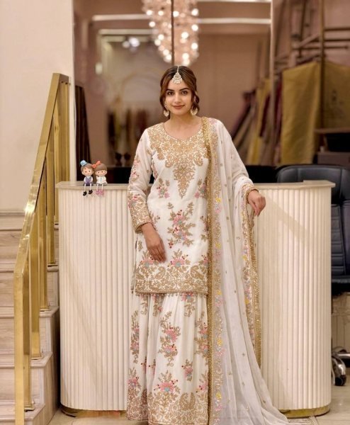 Authentic White Party Wear Faux Georgette Top Palazzo Dupatta Set for Women Ready To Wear Collection