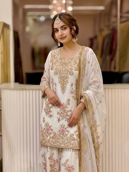 Authentic White Party Wear Faux Georgette Top Palazzo Dupatta Set for Women Ready To Wear Collection