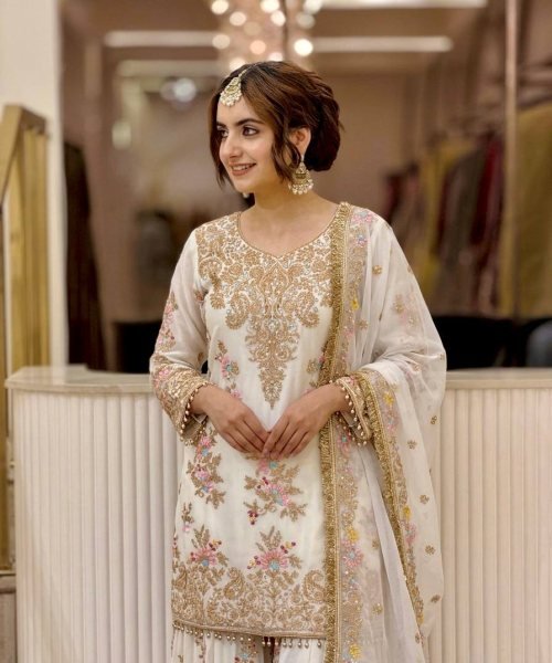 Authentic White Party Wear Faux Georgette Top Palazzo Dupatta Set for Women Ready To Wear Collection