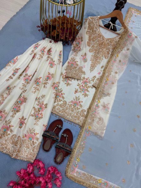 Authentic White Party Wear Faux Georgette Top Palazzo Dupatta Set for Women Ready To Wear Collection