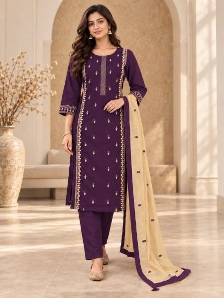 Authentic Wine Cambric Cotton Suit Set with Heavy Inner and Embroidered Dupatta Kurtis