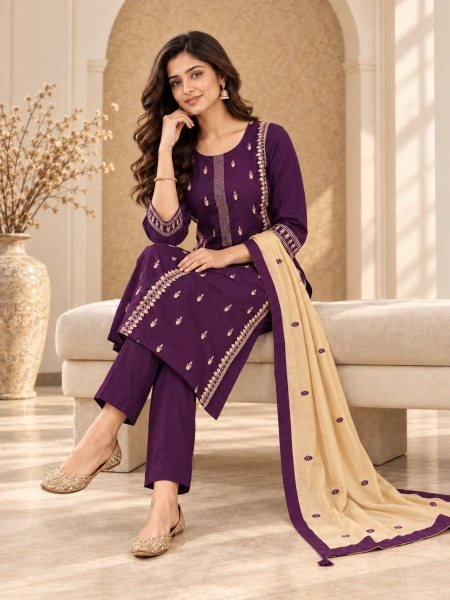 Authentic Wine Cambric Cotton Suit Set with Heavy Inner and Embroidered Dupatta Kurti With Bottom Wholesale
