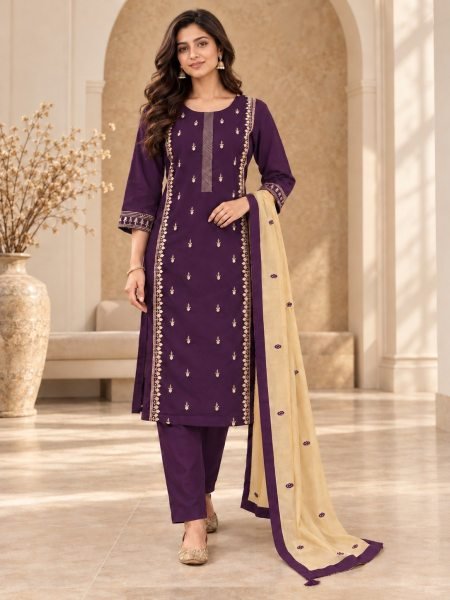 Authentic Wine Cambric Cotton Suit Set with Heavy Inner and Embroidered Dupatta Kurti With Bottom Wholesale