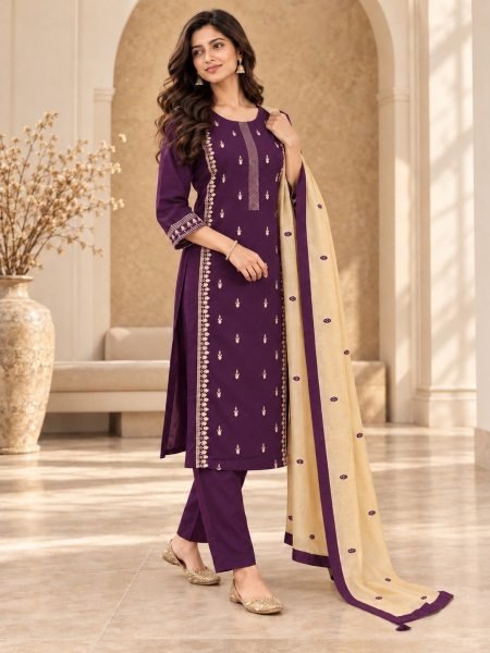 Authentic Wine Cambric Cotton Suit Set with Heavy Inner and Embroidered Dupatta Kurti With Bottom Wholesale