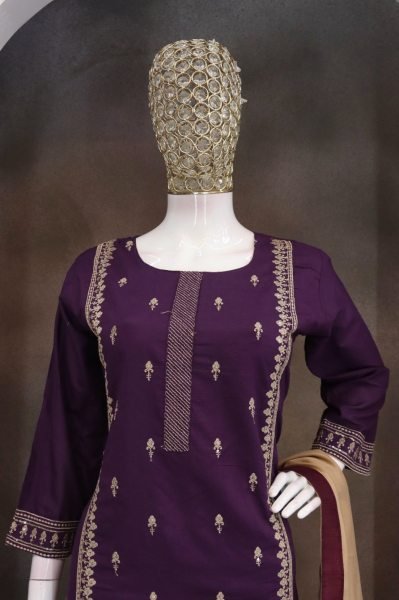 Authentic Wine Cambric Cotton Suit Set with Heavy Inner and Embroidered Dupatta Kurti With Bottom Wholesale