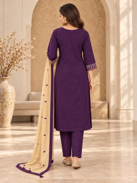 Authentic Wine Cambric Cotton Suit Set with Heavy Inner and Embroidered Dupatta Kurti With Bottom Wholesale