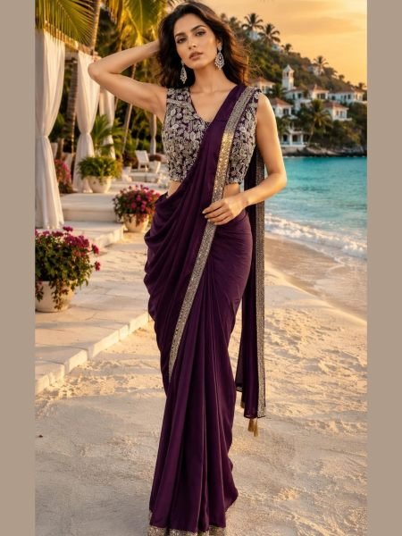 Authentic Wine Purple Armani Satin Designer Saree with Ready Blouse For Manufacturer Rate Sarees 
