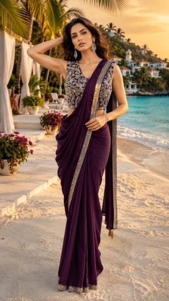 Authentic Wine Purple Armani Satin Designer Saree with Ready Blouse For Manufacturer Rate Ready To Wear Saree 