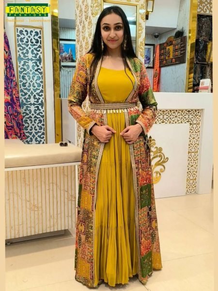 Authentic Yellow Faux Georgette Ruffle Flair Gown with Printed Crepe Koti At Manufacturer Rate  Ready To Wear Suit