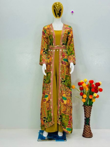 Authentic Yellow Faux Georgette Ruffle Flair Gown with Printed Crepe Koti At Manufacturer Rate  Ready To Wear Collection