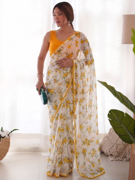 Authentic Yellow Heavy Chiffon Saree with Rich Lace Border and Designer Blouse Sarees 