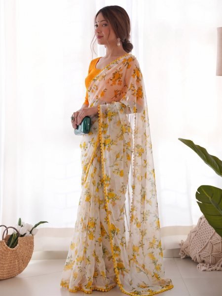 Authentic Yellow Heavy Chiffon Saree with Rich Lace Border and Designer Blouse Printed Cotton Sarees Wholesale