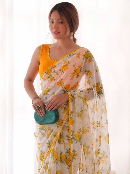 Authentic Yellow Heavy Chiffon Saree with Rich Lace Border and Designer Blouse Printed Cotton Sarees Wholesale
