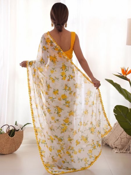 Authentic Yellow Heavy Chiffon Saree with Rich Lace Border and Designer Blouse Printed Cotton Sarees Wholesale
