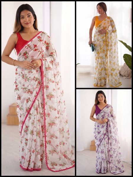 Authentic Yellow Heavy Chiffon Saree with Rich Lace Border and Designer Blouse Printed Cotton Sarees Wholesale