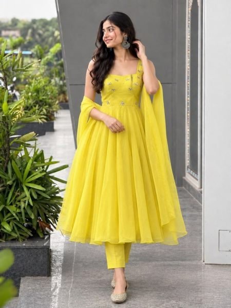 Authentic Yellow Party Wear Faux Georgette Corset Anarkali with Huge Flair Ready To Wear Suit