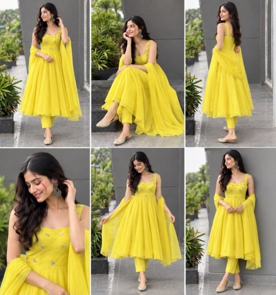 Authentic Yellow Party Wear Faux Georgette Corset Anarkali with Huge Flair Ready To Wear Collection