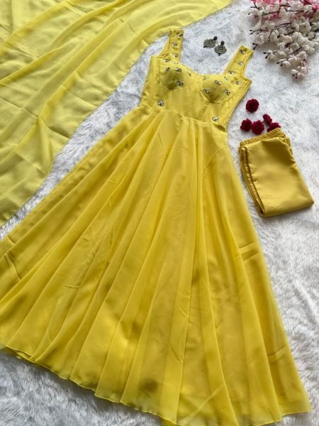 Authentic Yellow Party Wear Faux Georgette Corset Anarkali with Huge Flair Ready To Wear Collection
