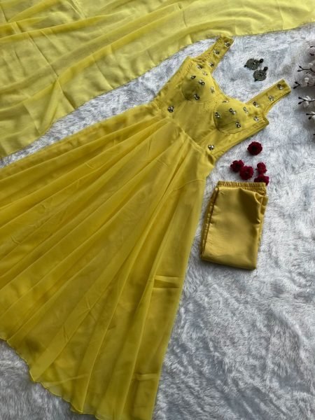 Authentic Yellow Party Wear Faux Georgette Corset Anarkali with Huge Flair Ready To Wear Collection